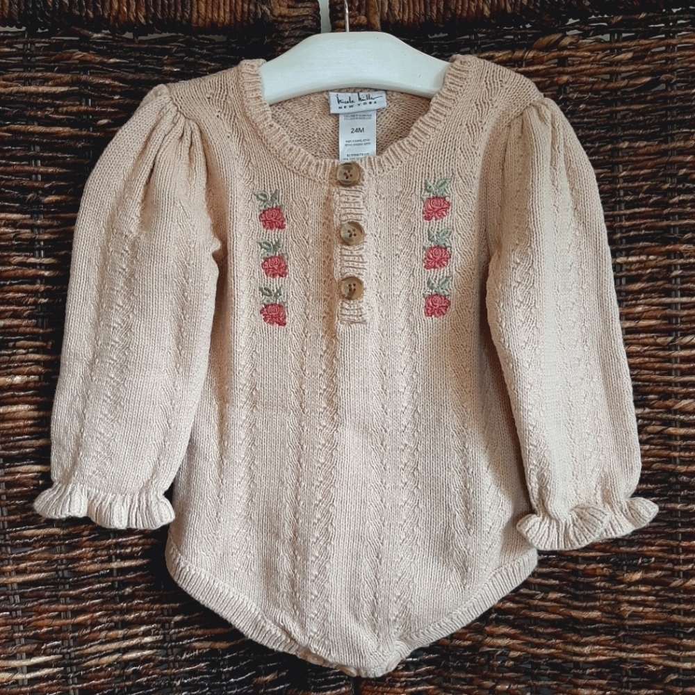 Nicole Miller Romper Baby 24M Tan Embroidered Roses 24 Months Toddler Bodysuit